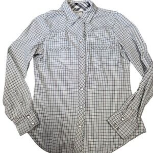 Vintage Navy Clothing Co Plaid Long Sleeve Pearl Snap Button Shirt Women Medium